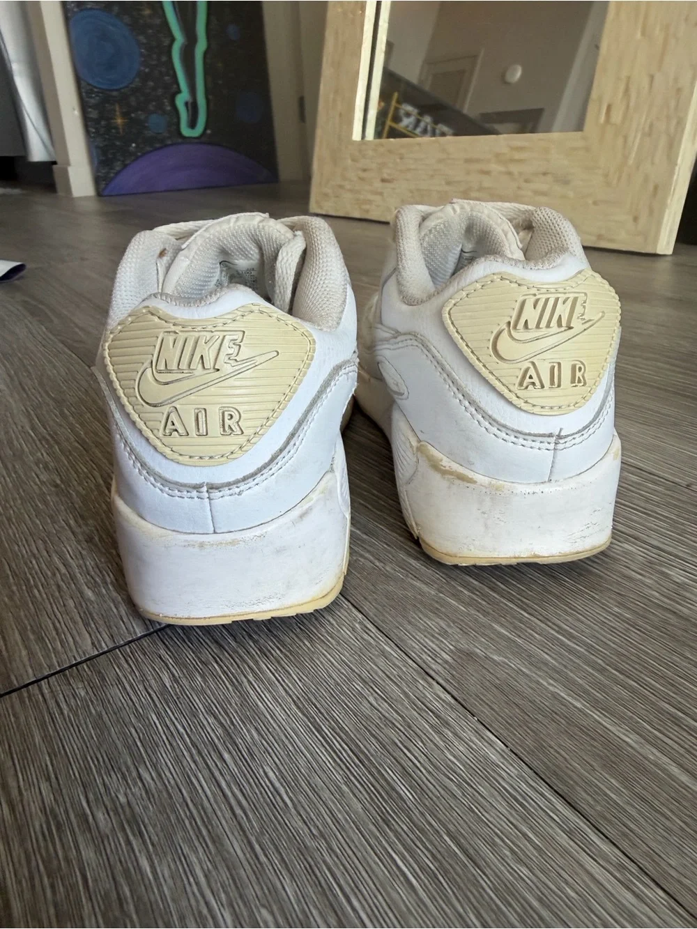 Nike Air Max 90 White/Beige Leather Sneakers  Size 6.5 W/ 5 Y
